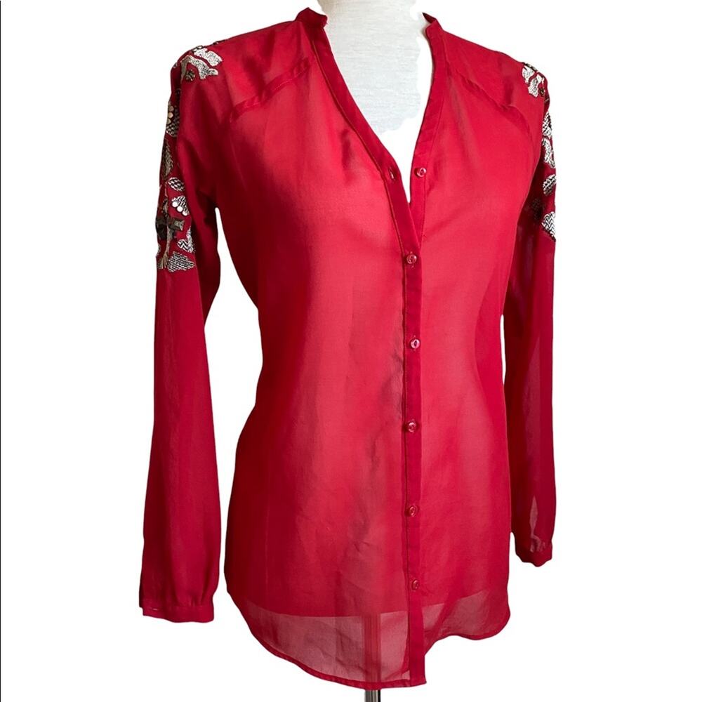 AUTHENTIC ICON Decorative Shoulder Sheer Button Down Blouse Red Size XS Unique